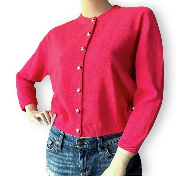 Pringle 60s Vintage Cropped Cardigan Sweater Coral Pink Wool NOS Pinup S XS M - Picture 3 of 8